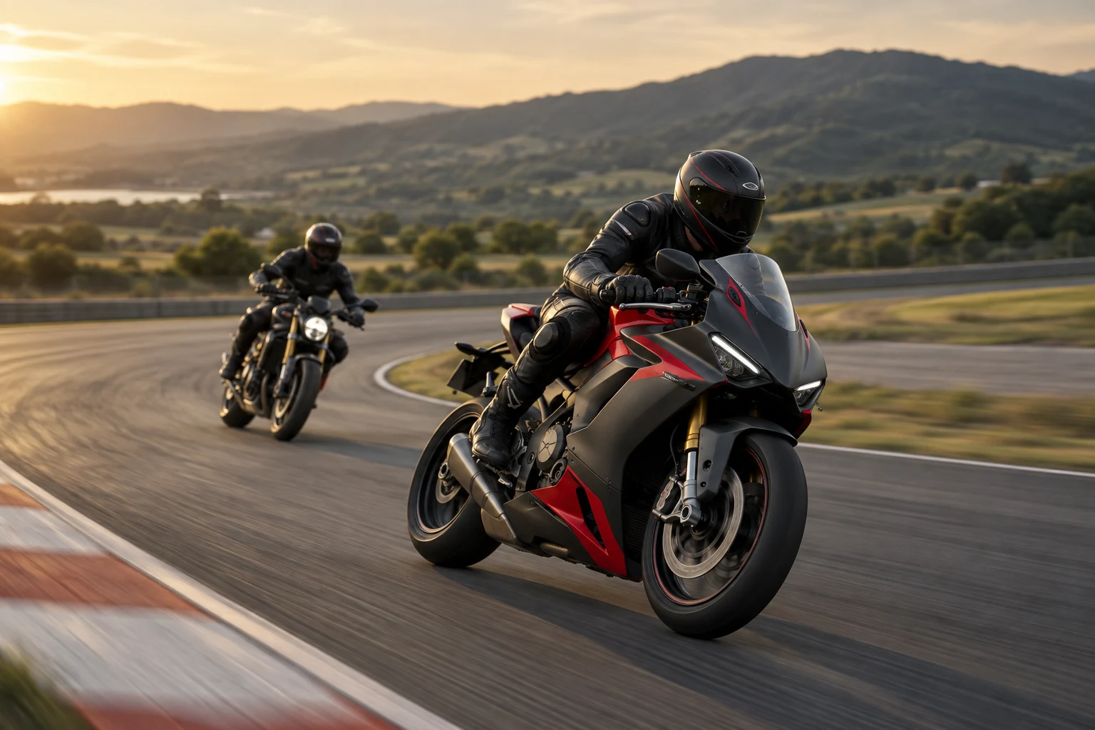 Motocykl sportowy i naked na asfaltowym torze — ilustracja AI